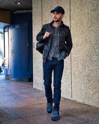 Navy Leather Work Boots Outfits For Men: 