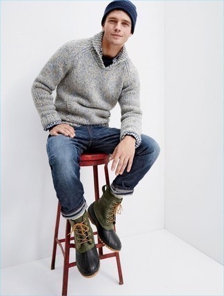 Dark Green Snow Boots Outfits For Men: 