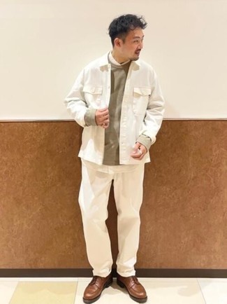 White Long Sleeve Shirt with Brown Leather Derby Shoes Outfits: 