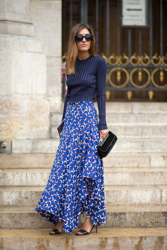 Blue Polka Dot Maxi Skirt Outfits: This combo of a navy vertical striped long sleeve t-shirt and a blue polka dot maxi skirt will be hard proof of your sartorial skills even on off-duty days. Introduce a pair of black leather heeled sandals to the mix to completely shake up the look.