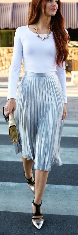 Women's White Long Sleeve T-shirt, Silver Pleated Midi Skirt, Silver Leather Pumps, Gold Clutch