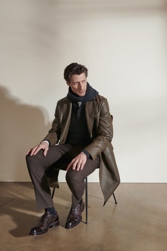 Men's Dark Brown Chinos, White Long Sleeve T-Shirt, Charcoal Wool Polo Neck Sweater, Dark Brown Leather Overcoat
