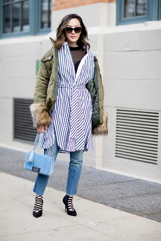 White and Blue Vertical Striped Shirtdress Outfits: 