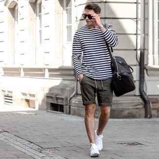 Men's White and Navy Horizontal Striped Long Sleeve T-Shirt, Charcoal Shorts, White Athletic Shoes, Black Leather Duffle Bag