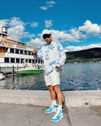 Men's White and Blue Tie-Dye Long Sleeve T-Shirt, White Vertical Striped Shorts, White and Blue Leather High Top Sneakers, Light Blue Tie-Dye Baseball Cap