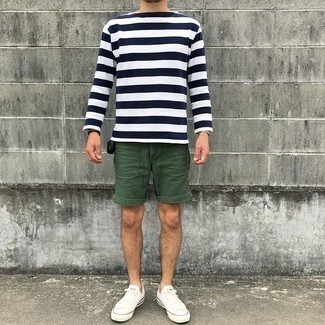 Men's White and Navy Horizontal Striped Long Sleeve T-Shirt, Dark Green Shorts, White Canvas Low Top Sneakers, Silver Watch