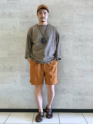 Tobacco Shorts Outfits For Men: This combination of a charcoal horizontal striped long sleeve t-shirt and tobacco shorts speaks laid-back attitude and stylish functionality. Dial down the formality of your getup by slipping into a pair of dark brown leather sandals.