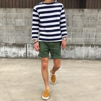 Men's White and Navy Horizontal Striped Long Sleeve T-Shirt, Dark Green Shorts, Tan Canvas Slip-on Sneakers, Silver Watch