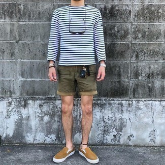 Men's White and Navy Horizontal Striped Long Sleeve T-Shirt, Olive Shorts, Tan Canvas Slip-on Sneakers, Charcoal Sunglasses