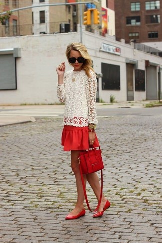 For an ensemble that's pared-down but can be modified in a great deal of different ways, try pairing a white lace long sleeve t-shirt with a red skater skirt. Consider a pair of red leather ballerina shoes as the glue that will pull this getup together.