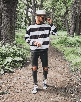 Wool Hat Outfits For Men: A white and black horizontal striped long sleeve t-shirt and a wool hat are essential in any guy's versatile off-duty collection. Dress up this look with a pair of black and white canvas high top sneakers.