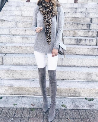 Grey Leather Crossbody Bag Outfits: Stay chic and comfy on dress-down days by opting for a grey long sleeve t-shirt and a grey leather crossbody bag. Inject your outfit with a bit of polish by finishing off with grey suede over the knee boots.