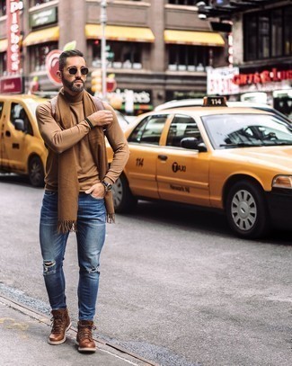 Black Bracelet Outfits For Men: Why not wear a tan long sleeve t-shirt and a black bracelet? As well as super comfortable, these two pieces look amazing teamed together. And if you want to effortlessly bump up your look with a pair of shoes, why not complete this ensemble with a pair of brown leather work boots?
