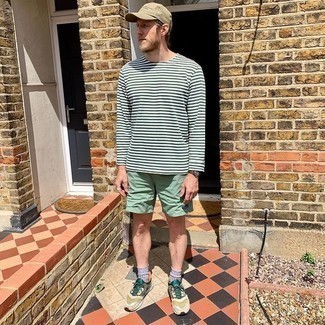 Mint Sports Shorts Outfits For Men: This outfit with a white and green horizontal striped long sleeve t-shirt and mint sports shorts isn't so hard to assemble and is easy to change. A pair of olive athletic shoes is a good choice to complete your look.
