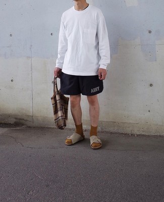 Men's White Long Sleeve T-Shirt, Black Sports Shorts, Beige Suede Sandals, Brown Canvas Tote Bag