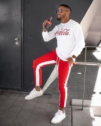 Men's White and Red Print Long Sleeve T-Shirt, Red and White Sweatpants, White Leather Low Top Sneakers, Silver Sunglasses