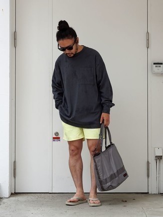 Long Sleeve T-Shirt Outfits For Men: If you're looking for a modern casual and at the same time dapper ensemble, wear a long sleeve t-shirt with mint swim shorts. Grey rubber flip flops will add a hint of stylish effortlessness to an otherwise traditional getup.