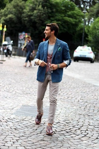 Navy Denim Double Breasted Blazer Outfits For Men: 