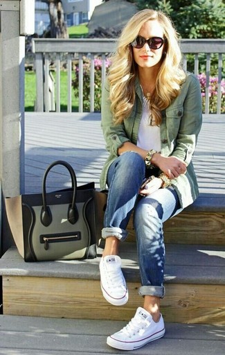 Women's Olive Leather Tote Bag, White Low Top Sneakers, Blue Ripped Boyfriend Jeans, Green Military Jacket