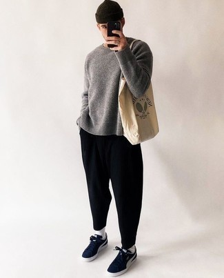 Men's Beige Print Canvas Tote Bag, Navy and White Suede Low Top Sneakers, Black Chinos, Grey Crew-neck Sweater
