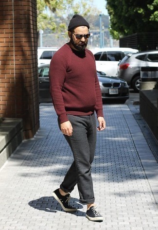 Burgundy Crew-neck Sweater Outfits For Men After 40: 