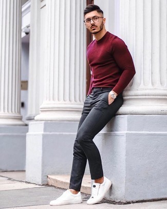 Burgundy Crew-neck Sweater Outfits For Men: 