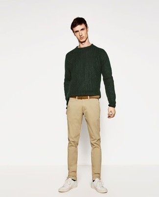 Dark Green Crew-neck Sweater Outfits For Men In Their 20s: 
