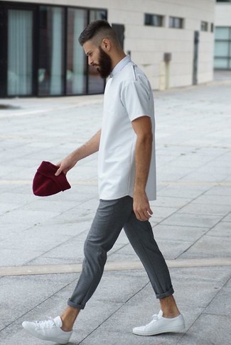Men's Burgundy Beanie, White Leather Low Top Sneakers, Grey Chinos, White Crew-neck T-shirt