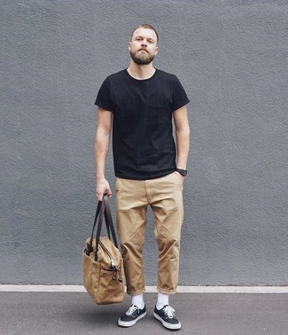 Men's Tan Canvas Tote Bag, Black and White Canvas Low Top Sneakers, Khaki Chinos, Black Crew-neck T-shirt
