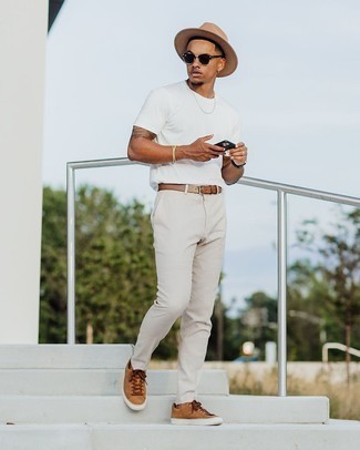 Men's Tan Wool Hat, Tan Canvas Low Top Sneakers, Beige Chinos, White Crew-neck T-shirt