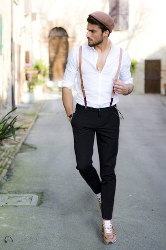 Men's Tan Suspenders, Tan Leather Low Top Sneakers, Black Chinos, White Dress Shirt