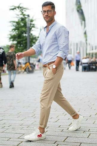 Men's Brown Woven Leather Belt, White Leather Low Top Sneakers, Khaki Chinos, White and Blue Vertical Striped Dress Shirt