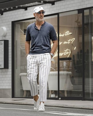 White and Navy Vertical Striped Chinos Outfits After 50: 