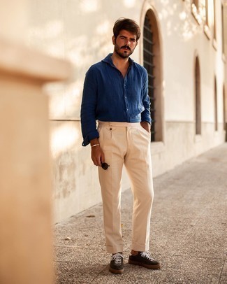 Blue Linen Long Sleeve Shirt Outfits For Men: 