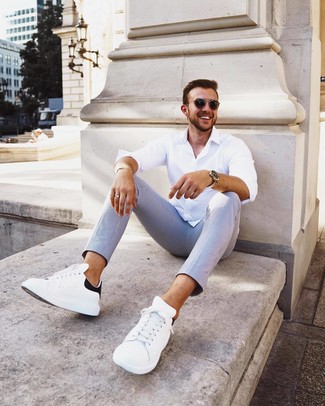 Men's Black Sunglasses, White and Black Leather Low Top Sneakers, Light Blue Vertical Striped Chinos, White Long Sleeve Shirt