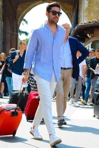 Men's Red Suitcase, White Leather Low Top Sneakers, White Chinos, Light Blue Vertical Striped Linen Long Sleeve Shirt