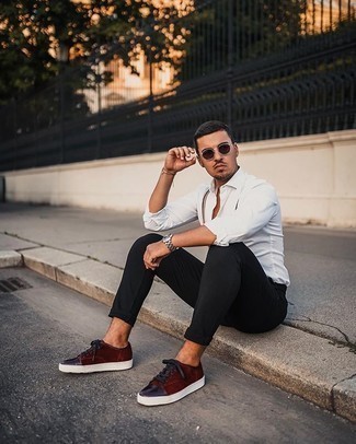 Burgundy Suede Low Top Sneakers Outfits For Men: 