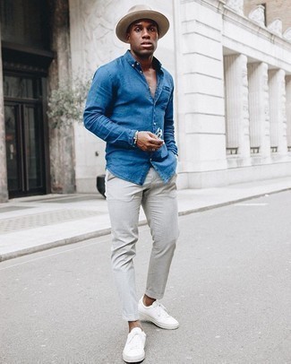 Blue Long Sleeve Shirt Outfits For Men: 