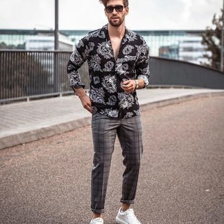 Black and White Print Long Sleeve Shirt Outfits For Men: 