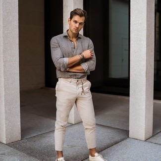 Grey Print Long Sleeve Shirt Outfits For Men: 