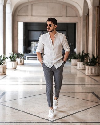 Men's Dark Brown Sunglasses, White Leather Low Top Sneakers, Charcoal Chinos, White Vertical Striped Long Sleeve Shirt