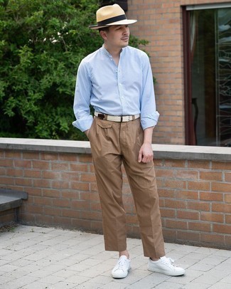 Men's Beige Straw Hat, White Canvas Low Top Sneakers, Brown Chinos, Light Blue Vertical Striped Long Sleeve Shirt