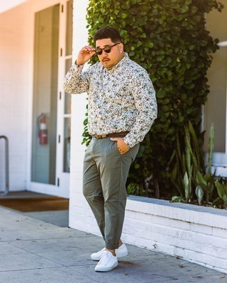 White and Blue Floral Long Sleeve Shirt Outfits For Men: 