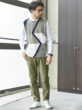 Multi colored Long Sleeve T-Shirt Outfits For Men: 