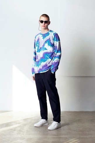 Multi colored Tie-Dye Long Sleeve T-Shirt Outfits For Men: 