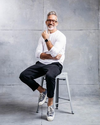 White Long Sleeve T-Shirt Outfits For Men After 50: 