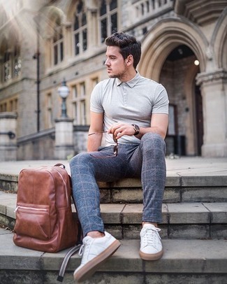 Men's Brown Leather Backpack, White Canvas Low Top Sneakers, Blue Check Chinos, Grey Polo