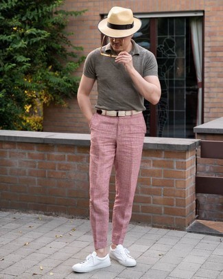 Men's Beige Straw Hat, White Canvas Low Top Sneakers, Pink Plaid Chinos, Grey Polo