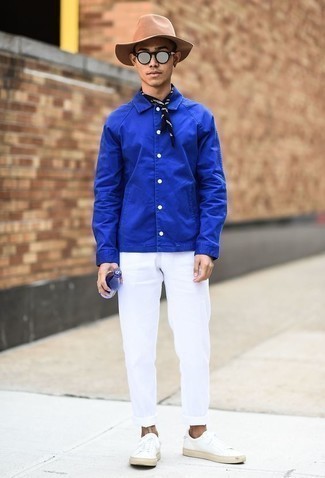 Men's Black and White Bandana, White Leather Low Top Sneakers, White Chinos, Blue Shirt Jacket