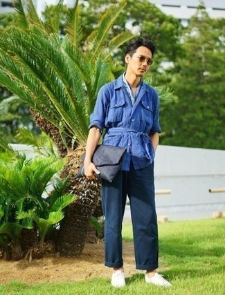 Blue Linen Shirt Jacket Outfits For Men: 